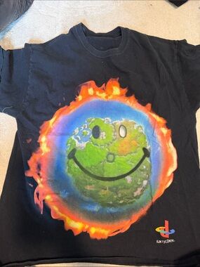 Supreme Black Tee with Flaming Smiley Earth Graphic